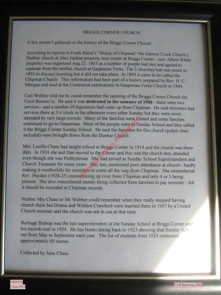 NB0595b History of former Briggs Corner Baptist Church, Briggs Corner NB NB0595b History of former Briggs Corner Baptist Church, Briggs Corner NB