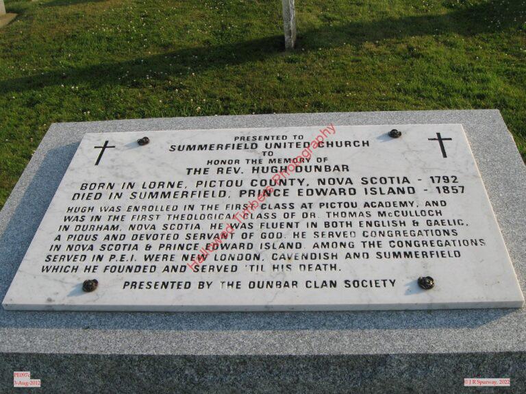 PE097c Memorial plaque honouring founder of the former Summerfield Presbyterian Church , Springfield PE, taken 03-Aug-2012 © 2022 JR Spurway